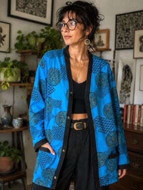 Vintage Sears 60s 70s Blue Asian Print Cotton Lounge Jacket Robe L 42/44